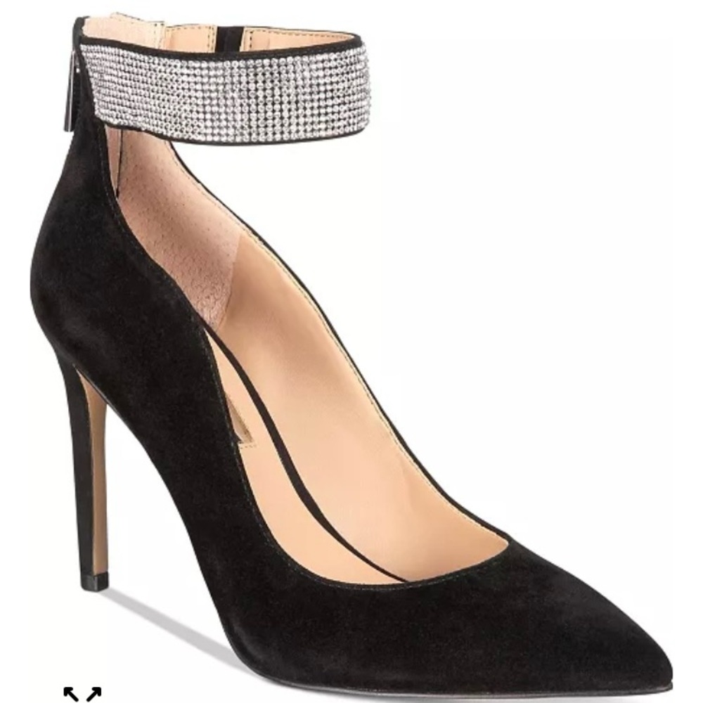 INC KAYLYNN Elegant Black Stiletto Heels with Rhinestone Ankle Strap Zipped Back